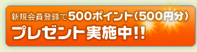 新規会員登録で500ポイント（500円分）プレゼント実施中！！